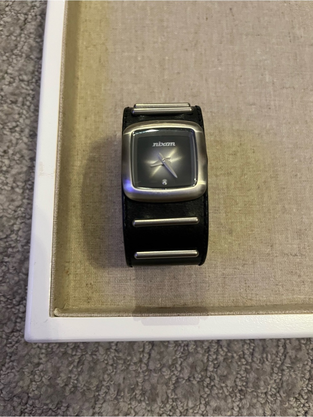 Nixon The Duchess Black Leather Cuff Watch Silver Hardware Real Diamond Accent